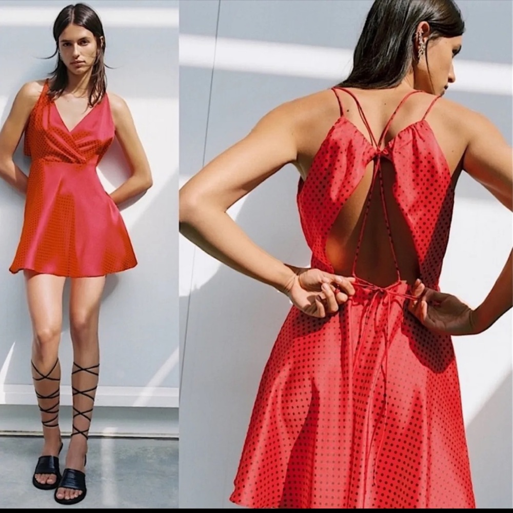 Zara Satin Effect Red And Black Polka Dot Mini Dress